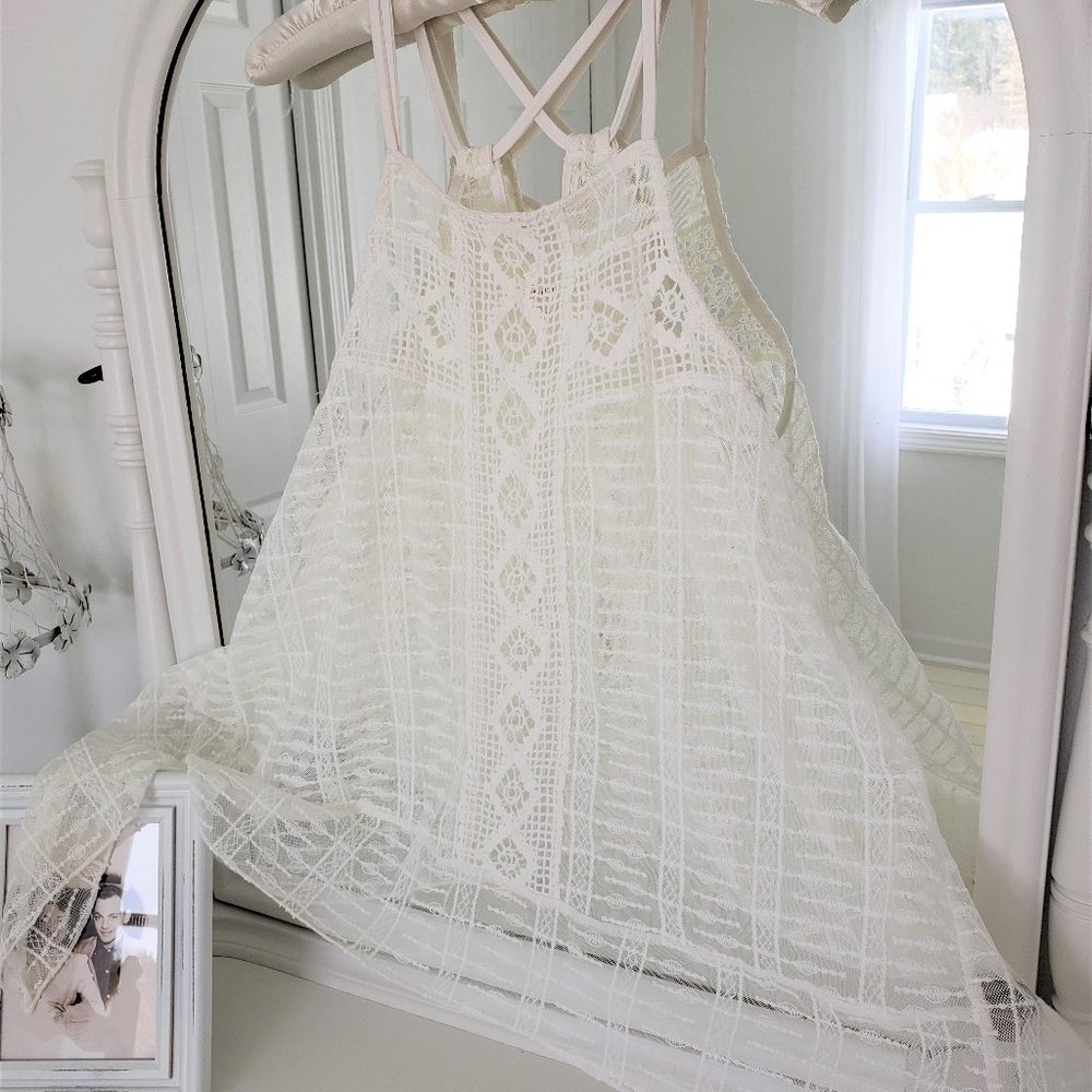 Sheer Top by PINKY Cream Off White Large Lace ROMANTIC Double Criss Cross BOHO